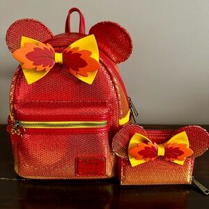 Loungefly Red Sequin Backpack with Yellow-Orange Bow & Matching wallet🍁